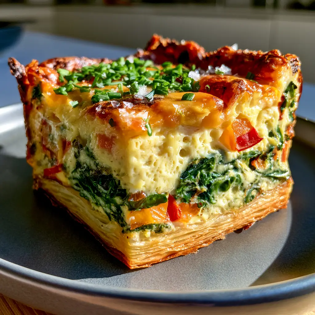 Close up of charred crispy cheese edges and freshly minced chives on a breakfast crescent roll veggie egg casserole.