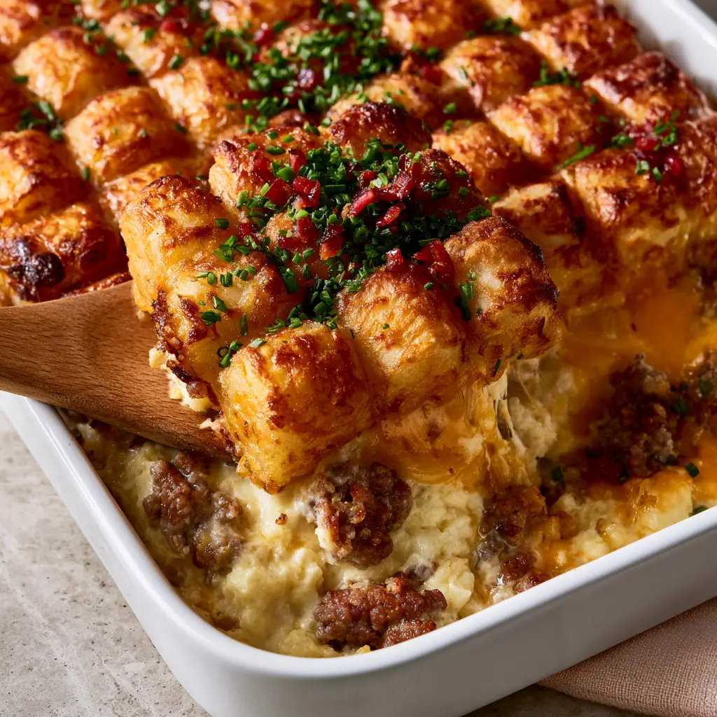 A high-side angle shot of the Tater tot sausage breakfast casserole showing the steaming egg and sausage interior layers.