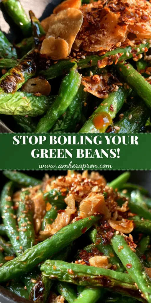 Close-up of blistered garlic chili green beans in a cast iron skillet with crispy garlic chips and sesame seeds.