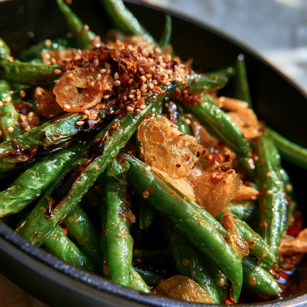 Extreme close-up of crispy golden garlic chips and sesame seeds over chili-glazed green beans.