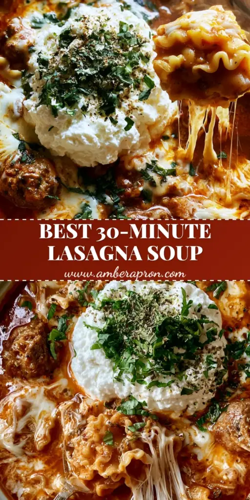 A towering dollop of ricotta cheese on top of a rich red Lasagna Soup with a silver spoon cheese pull.