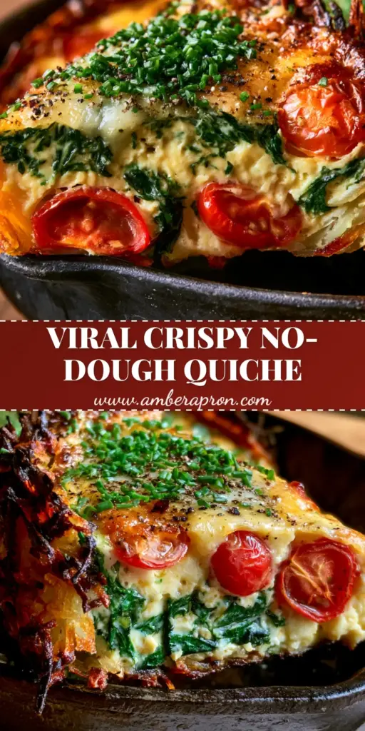 A thick slice of Hash Brown Crust Quiche being lifted from a rustic black ceramic dish, showing the 1-inch thick golden potato crust and blistered tomatoes.