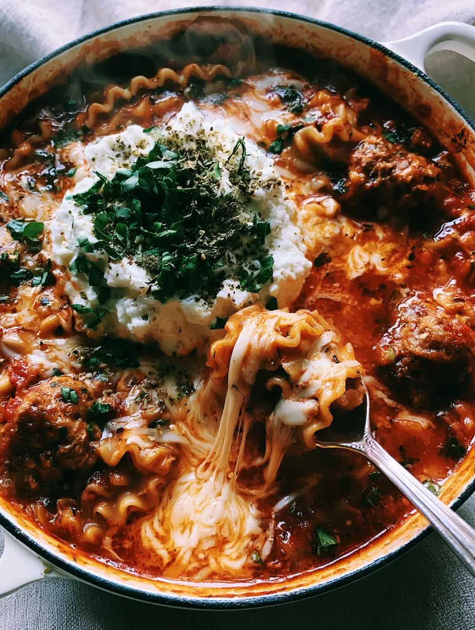 Top-down shot of a rustic ceramic pot filled with Lasagna Soup featuring wavy noodles and cream swirls.