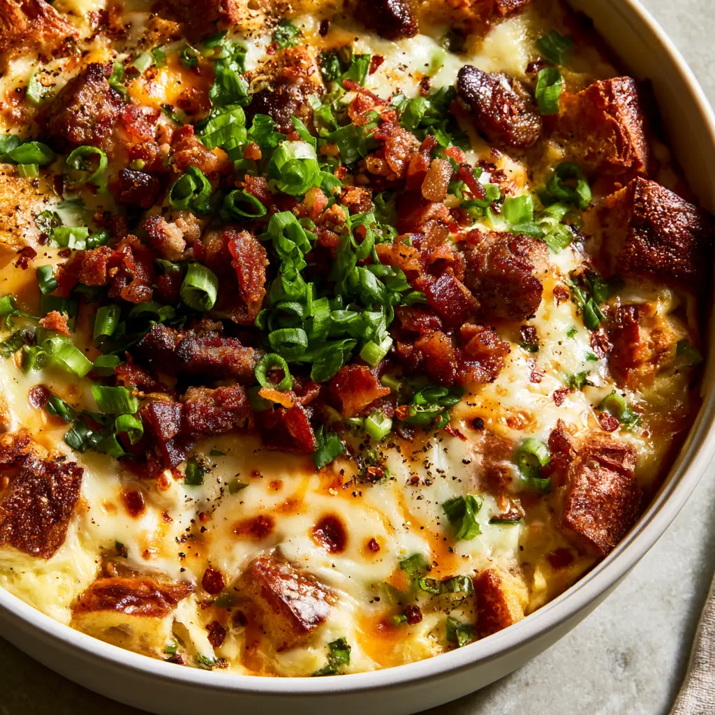 Top view of a sourdough make-ahead breakfast casserole garnished with green scallions and red chili flakes.