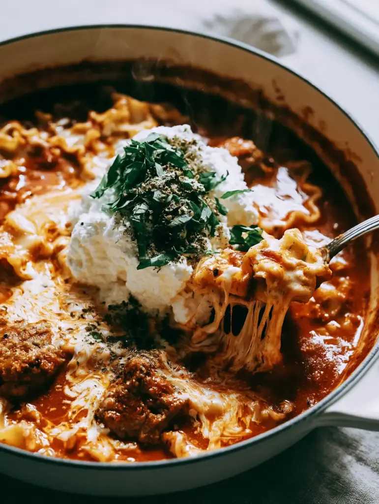Close up of Lasagna Soup in a bowl with melted mozzarella and fresh basil leaves.