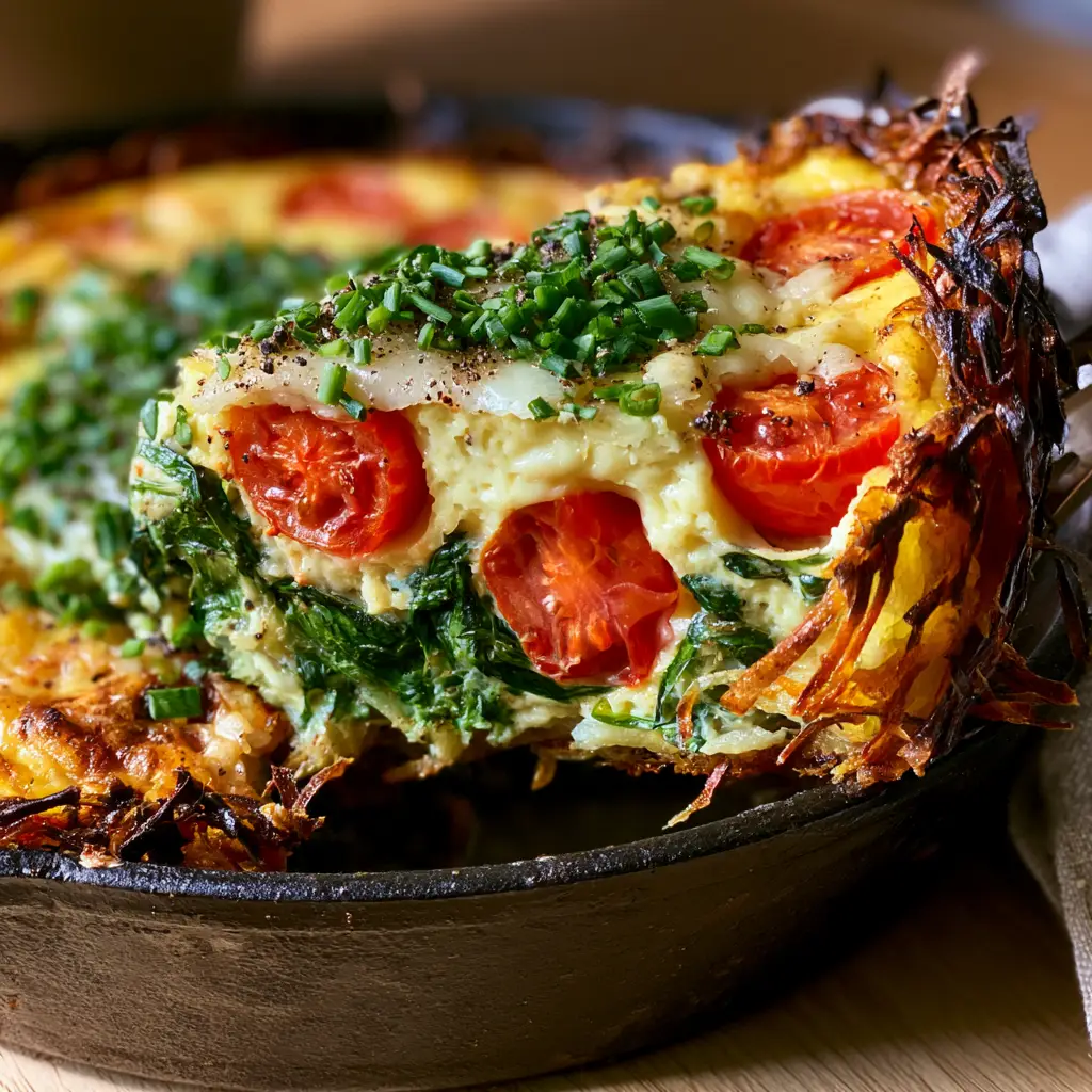 Cross section of a Hash Brown Crust Quiche slice showing the fluffy yellow custard and emerald spinach.