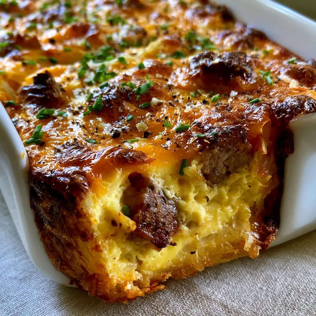 A side-angle macro photo of a slice of farmers breakfast casserole showing the layers of hash browns, egg custard, and sausage.