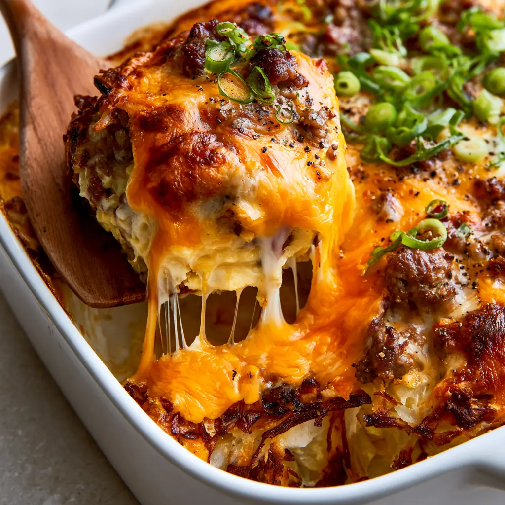 Close up of the egg custard and seared sausage layers in a sausage hashbrown breakfast casserole.