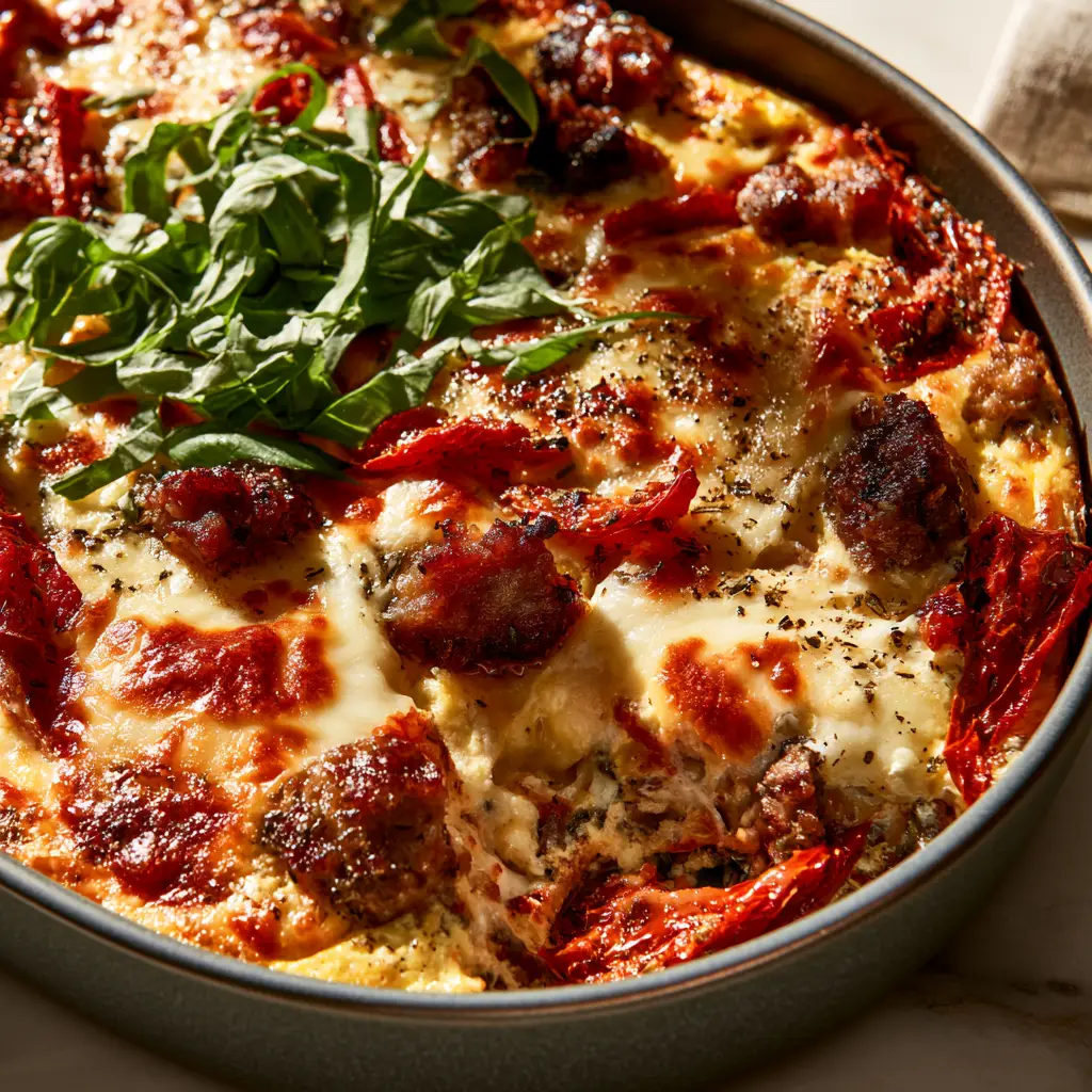 High-angle view of a gourmet Italian breakfast casserole in a charcoal grey dish showing seared sausage and sun-dried tomatoes. (Italian breakfast casserole)