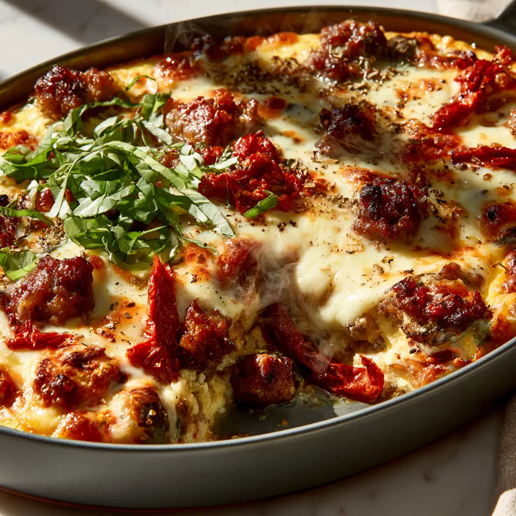 Close-up of a freshly cut square of Italian breakfast casserole with steam wisps and fresh basil ribbons.