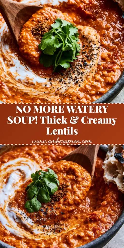 A vertical shot of a thick Tomato Lentil Soup in a charcoal bowl with a coconut cream swirl and charred sourdough on the side.