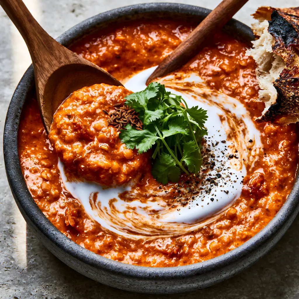 High angle view of Tomato Lentil Soup garnished with coconut cream, cilantro, and toasted cumin seeds next to charred bread.