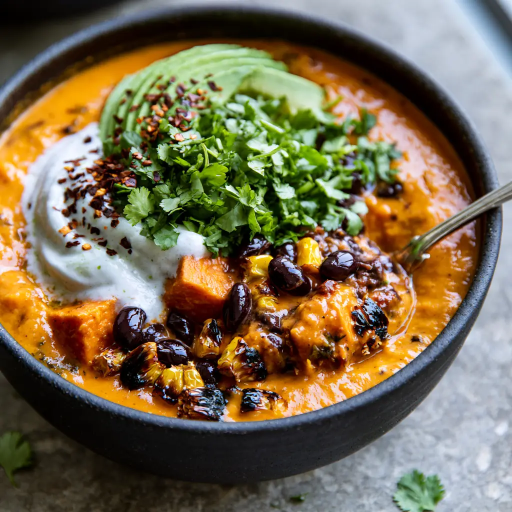 Garnished bowl of Sweet potato and black bean soup with cilantro and red pepper flakes.