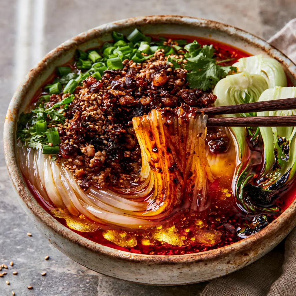 A rustic ceramic bowl of Chinese Rice Noodle Soup showing charred bok choy and vibrant red chili oil droplets.