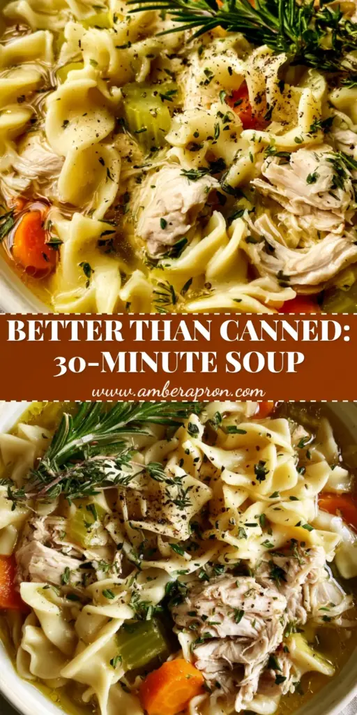 A top-down macro shot of Fresh Herb Chicken Noodle Soup in a rustic cream bowl with golden broth, wavy noodles, and fresh rosemary sprigs.