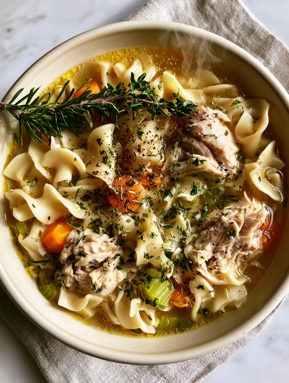 Macro view of gourmet Fresh Herb Chicken Noodle Soup with pulled chicken, bright carrots, and emerald celery in a golden broth.