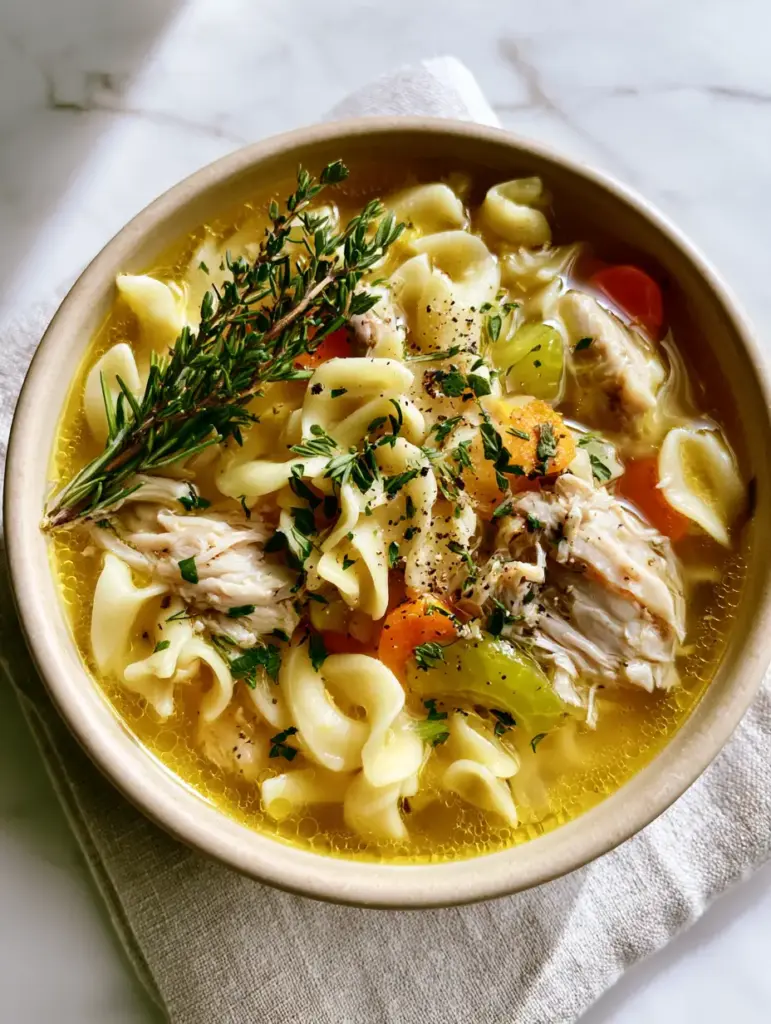 Fresh Herb Chicken Noodle Soup showing steaming golden broth, wavy egg noodles, and cracked black pepper garnish.