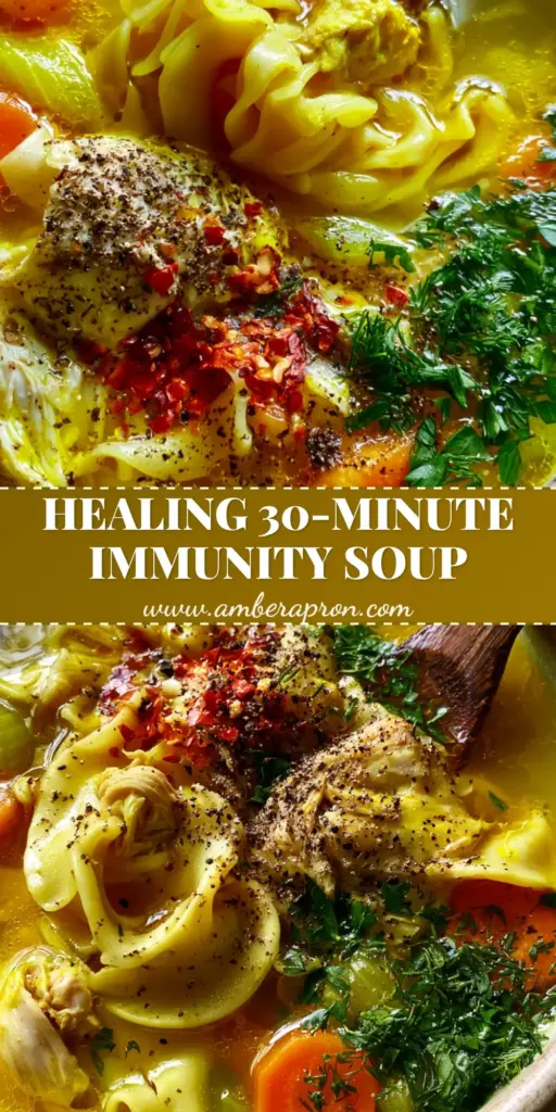 A vertical shot of healing chicken noodle soup in a rustic bowl with golden turmeric broth, shredded chicken, and wavy noodles.