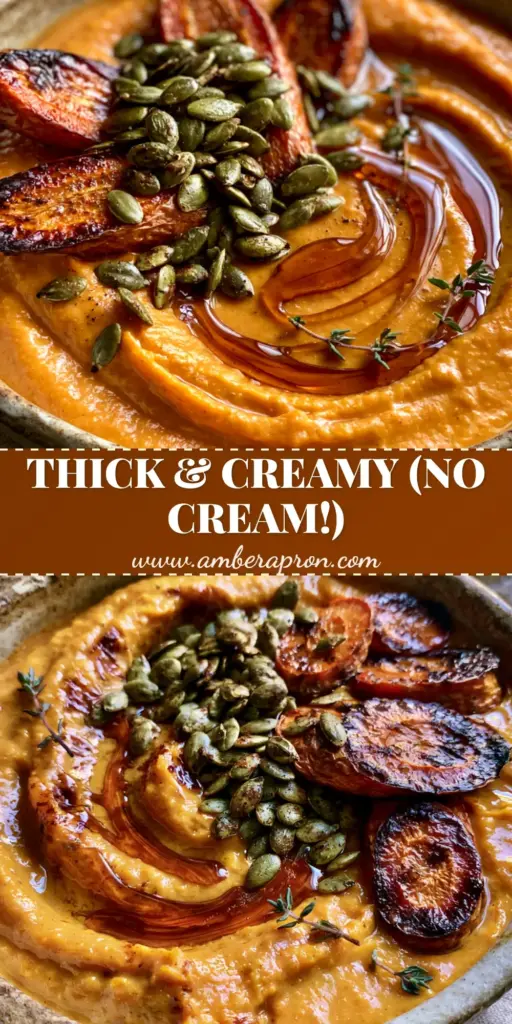 A top-down view of Maple Roasted Sweet Potato Carrot Soup in a cream bowl, featuring charred carrot coins, pepitas, and a maple drizzle.