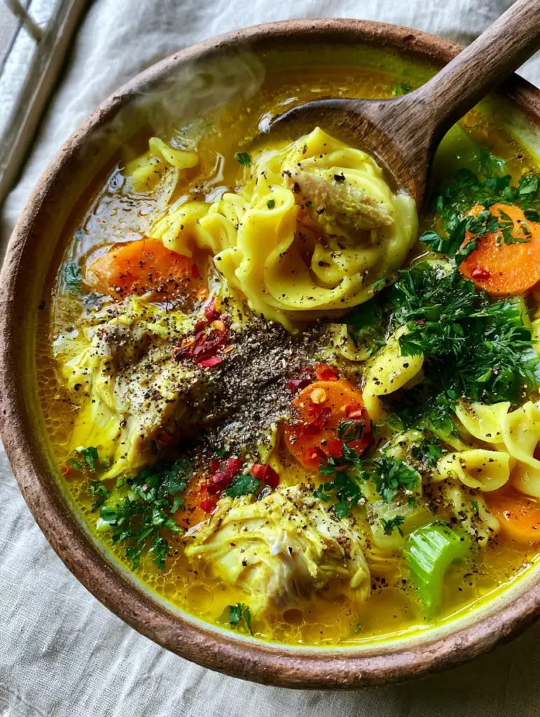 Close up of shredded chicken and thick wavy noodles in a turmeric ginger broth.