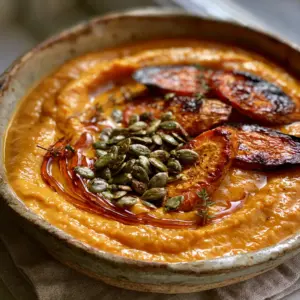 A handheld smartphone photo showing the glossy, velvety texture of Maple Roasted Sweet Potato Carrot Soup with thyme and maple swirls.
