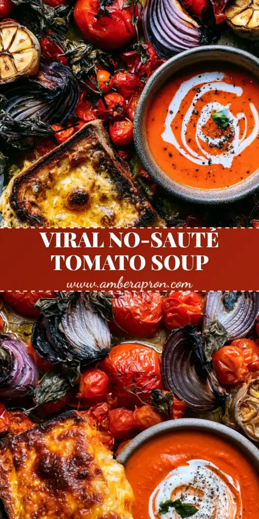 A rustic sheet pan filled with blistered Roma tomatoes, charred red onions, and a bowl of creamy Roasted Tomato Soup with a sourdough grilled cheese dip.