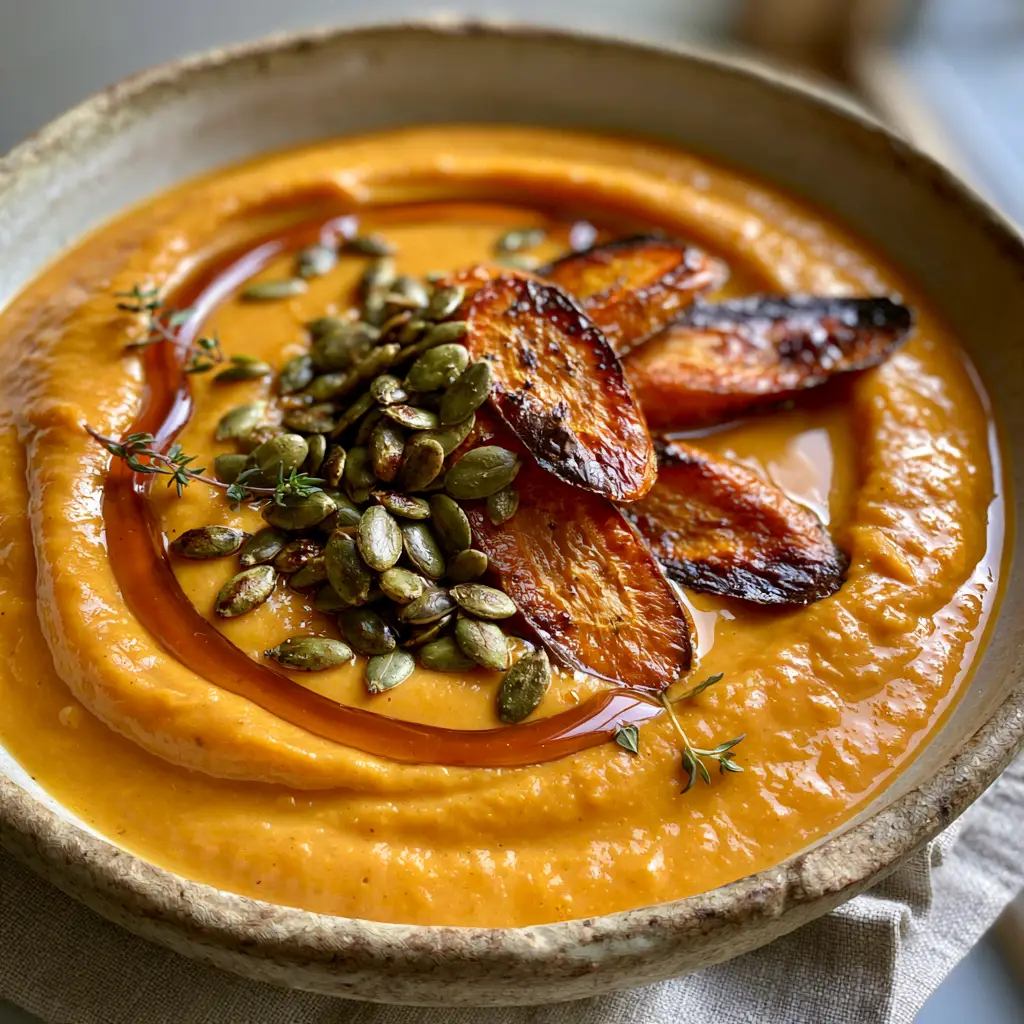 Charred maple-glazed carrot coins and toasted green pepitas topping a bowl of vibrant orange soup.