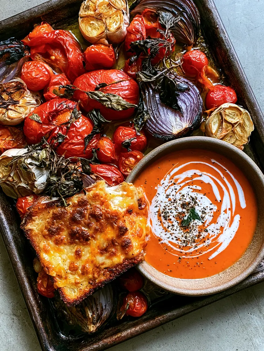 Overhead view of roasted Roma tomatoes, bursting cherry tomatoes, and charred red onions on a dark metal pan for Roasted Tomato Soup.
