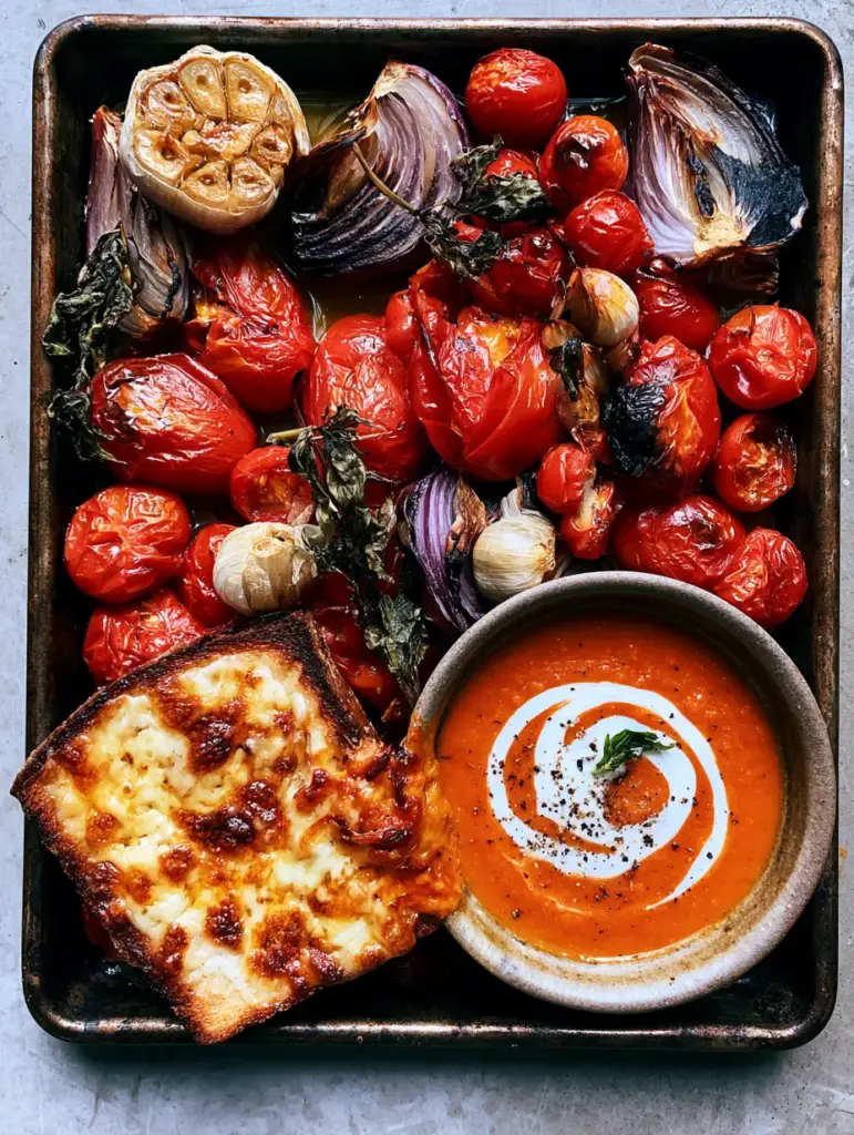 Golden brown roasted garlic cloves being squeezed onto a sheet pan of blistered tomatoes for Roasted Tomato Soup.