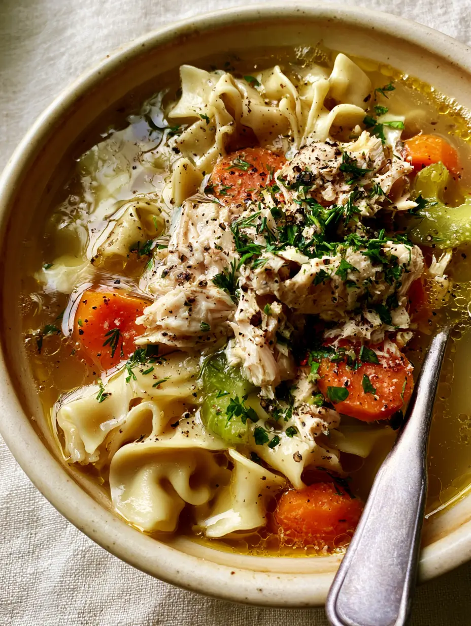 Macro top-down view of homestyle chicken noodle soup showing shimmering oil droplets and thick egg noodles. (homestyle chicken noodle soup)
