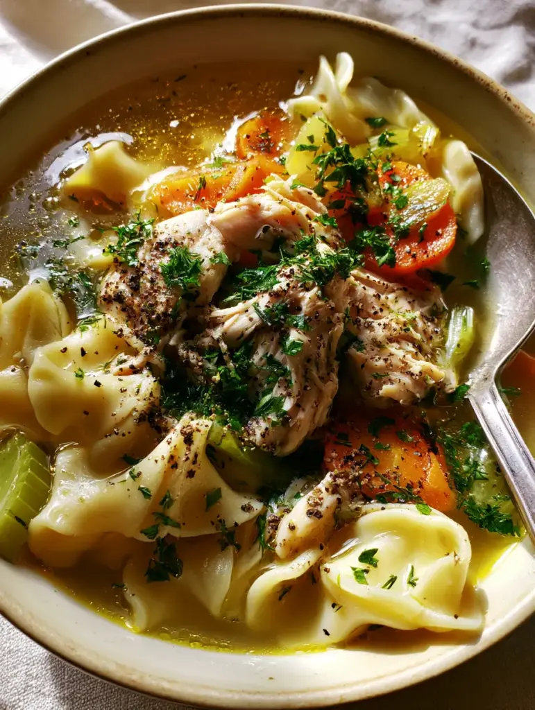 Close up of shredded chicken and carrot coins in a bowl of homestyle chicken noodle soup.