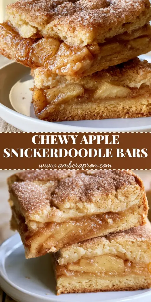 A stack of Apple Snickerdoodle Bars showing the dense blondie base and jammy apple center.