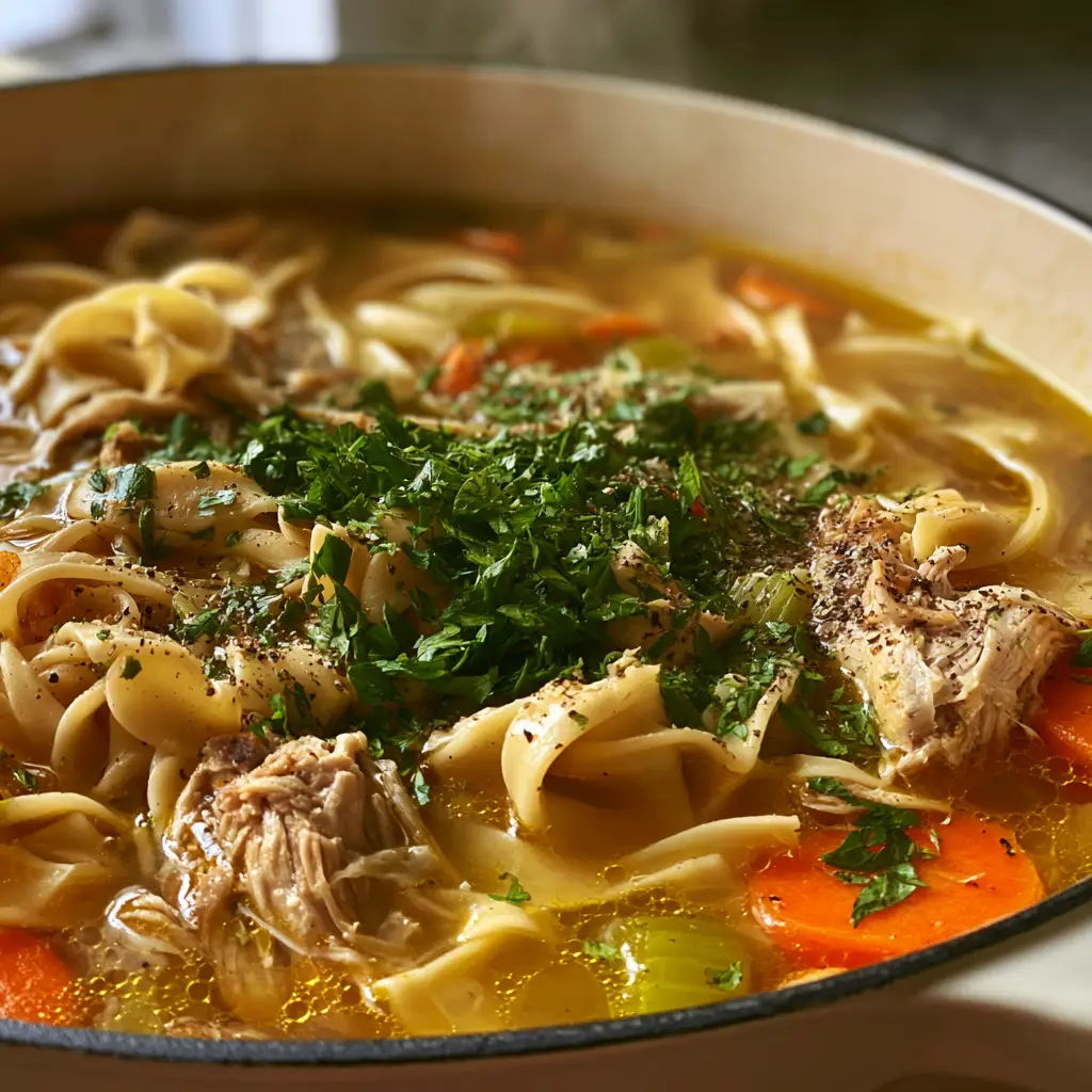 Dutch Oven Chicken Noodle Soup: The Ultimate Cozy Comfort Recipe 2 Close up of Dutch oven chicken noodle soup with vibrant carrots and celery in an amber broth.