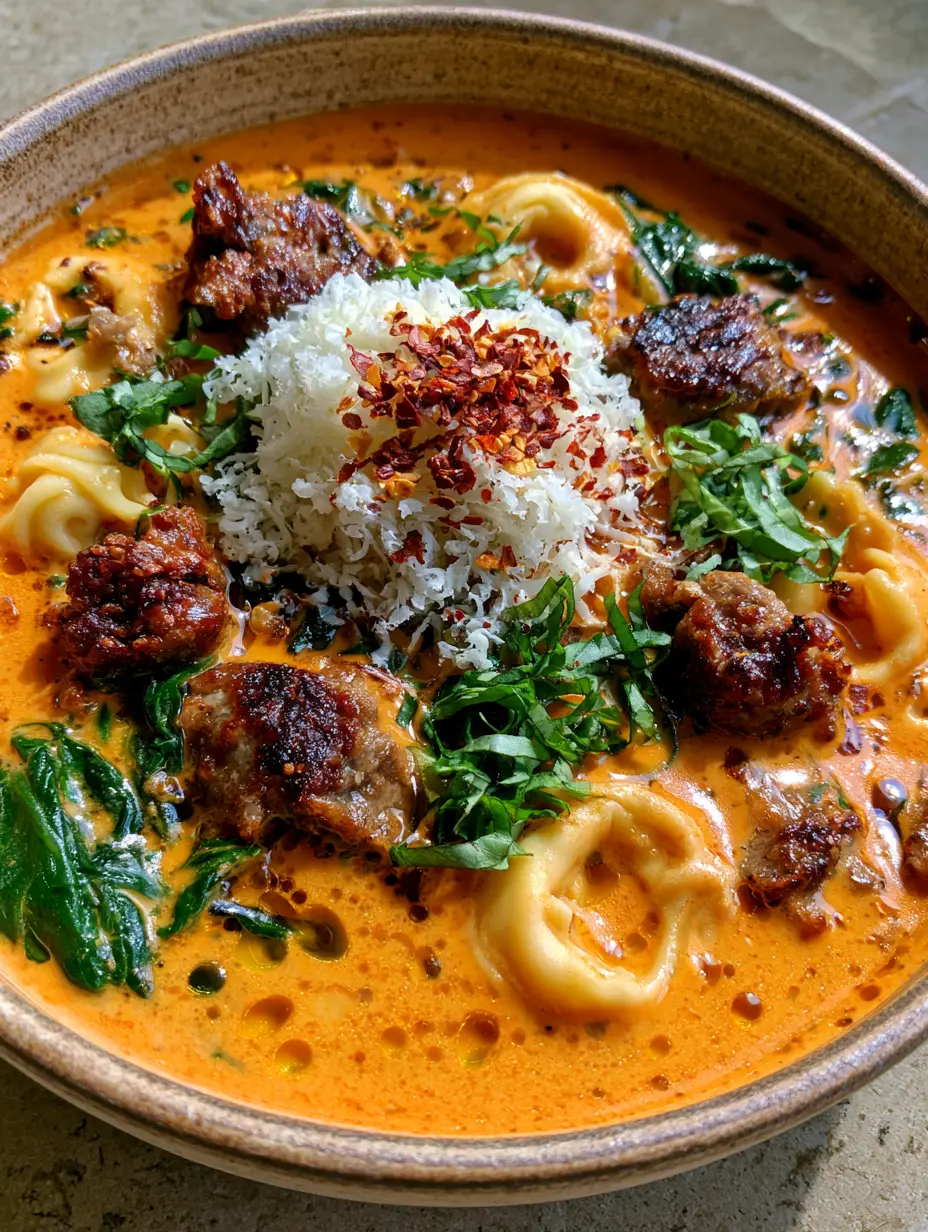 Italian Sausage Tortellini Soup with Creamy Tomato Base 3 Extreme macro of italian sausage tortellini soup showing ribbed pasta edges and fluffy parmesan toppings.