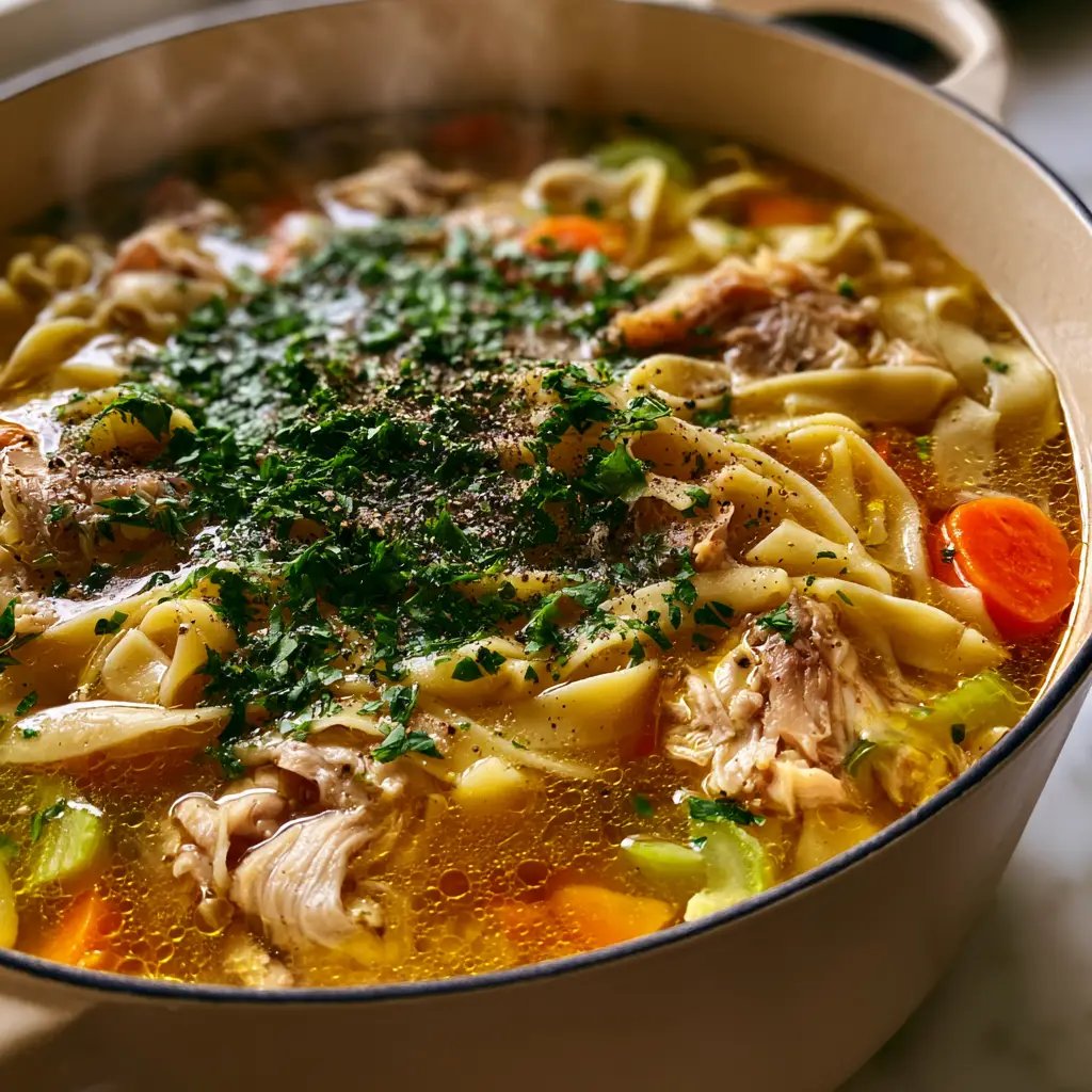 Dutch Oven Chicken Noodle Soup: The Ultimate Cozy Comfort Recipe 1 Rustic ribbons of egg noodles and shredded chicken in a cream enamel pot of Dutch oven chicken noodle soup.