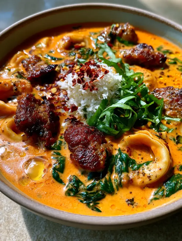 Italian Sausage Tortellini Soup with Creamy Tomato Base 1 Close up of caramelized Italian sausage crumbles submerged in a thick tomato-cream broth.