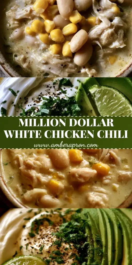 A premium bowl of White Chicken Chili topped with fanned avocado, a sour cream swirl, and fresh cilantro leaves.