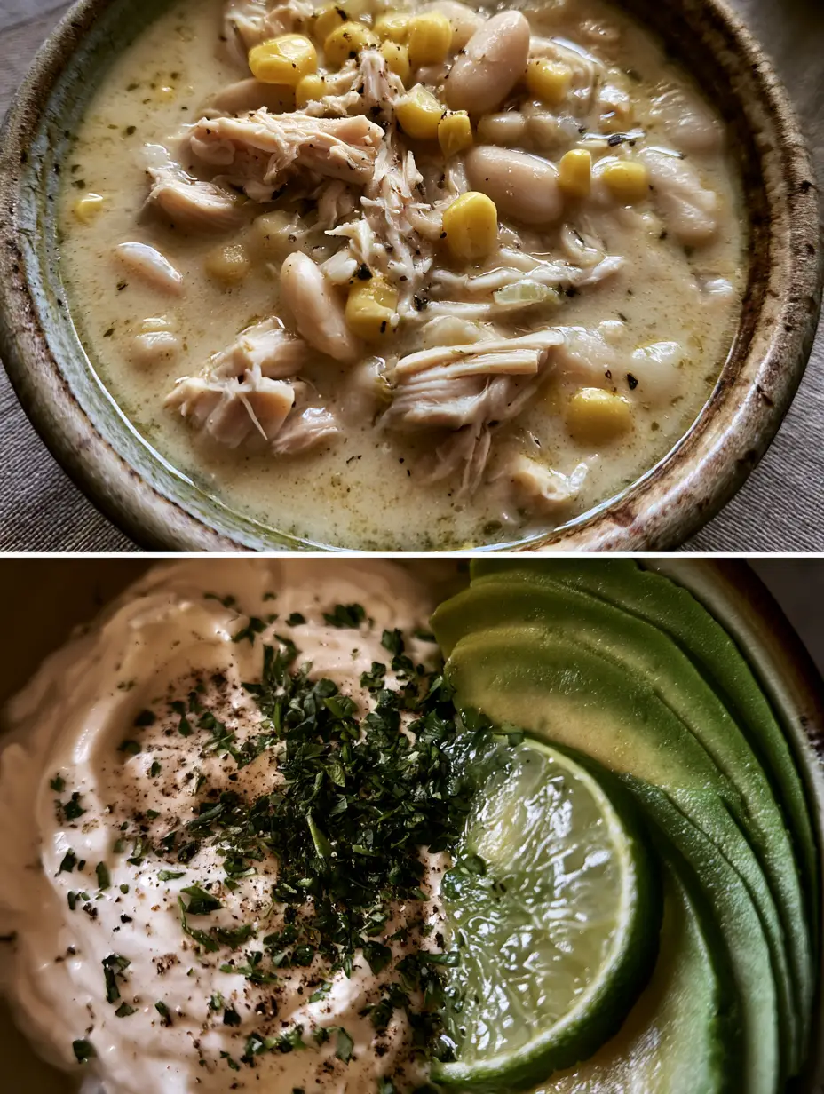 Macro top-down shot showing the velvety ivory broth of White Chicken Chili with shredded chicken and corn.