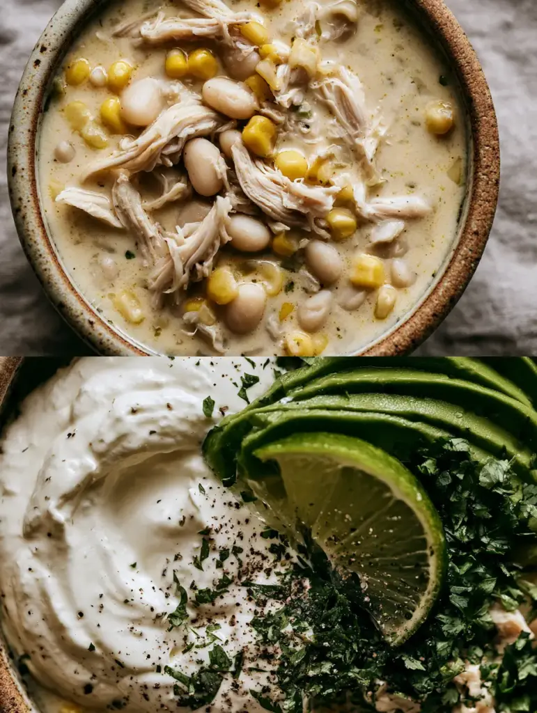 Extreme close-up of White Chicken Chili toppings including fresh lime, avocado, and cracked black pepper.