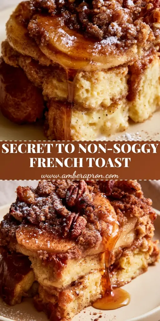 A tall Pinterest pin showing a close-up of Cinnamon Apple Baked French Toast Casserole with thick syrup dripping down the side and crunchy pecan streusel.