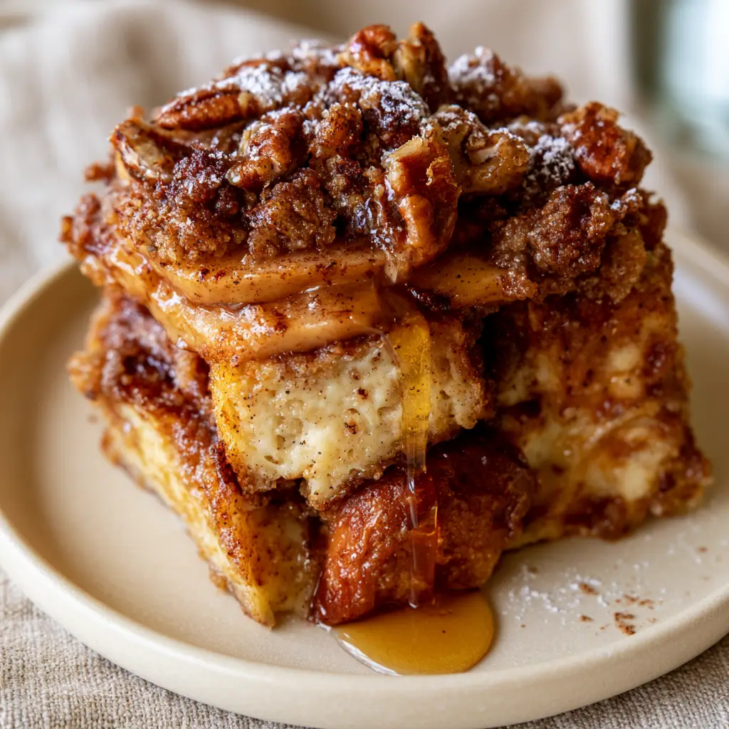A close-up slice of Apple Cinnamon French Toast Casserole on a matte cream ceramic plate, showing vanilla-flecked custard and caramelized apples.