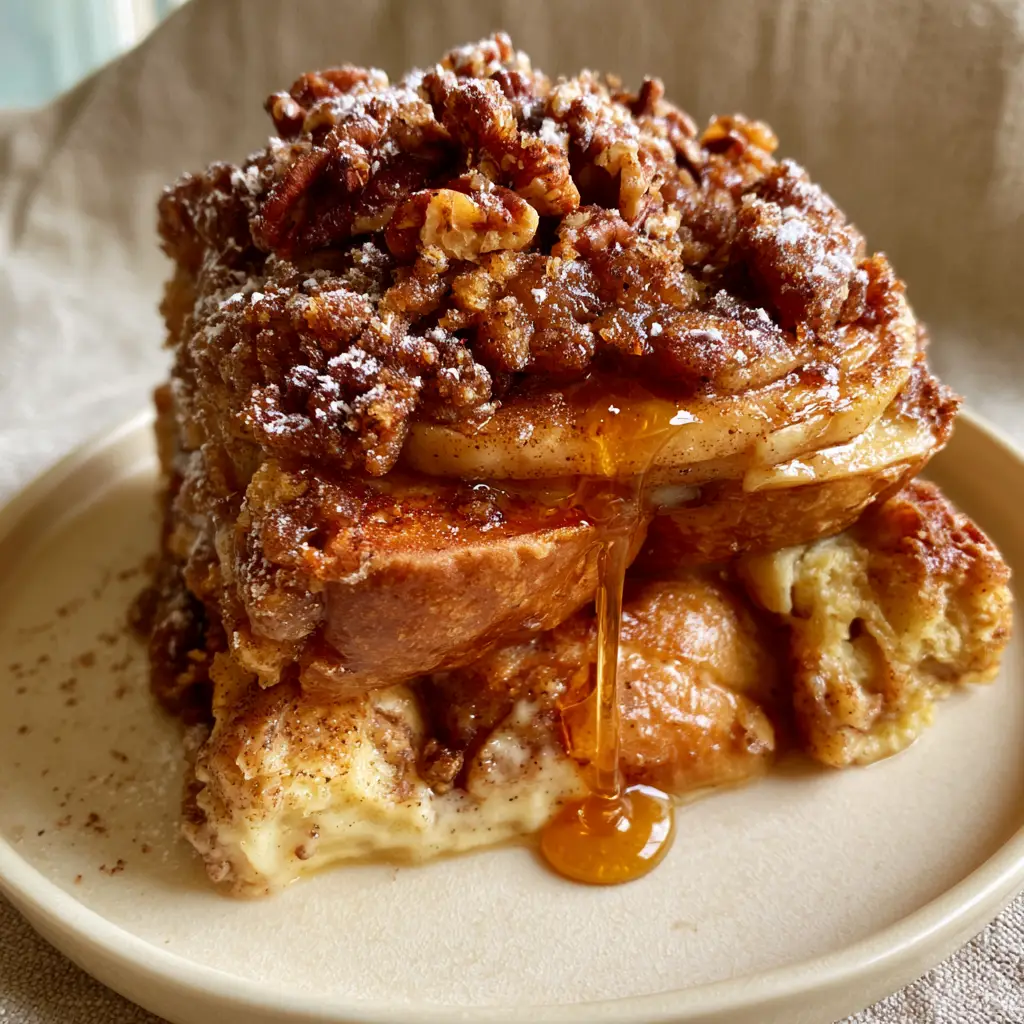 A side view of the Cinnamon Apple Baked French Toast Casserole featuring thick Challah bread and a heavy brown sugar streusel crumble with toasted pecans.