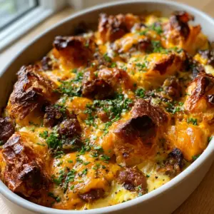 A matte white ceramic dish filled with croissant breakfast casserole showing golden toasted edges and browned sausage crumbles.