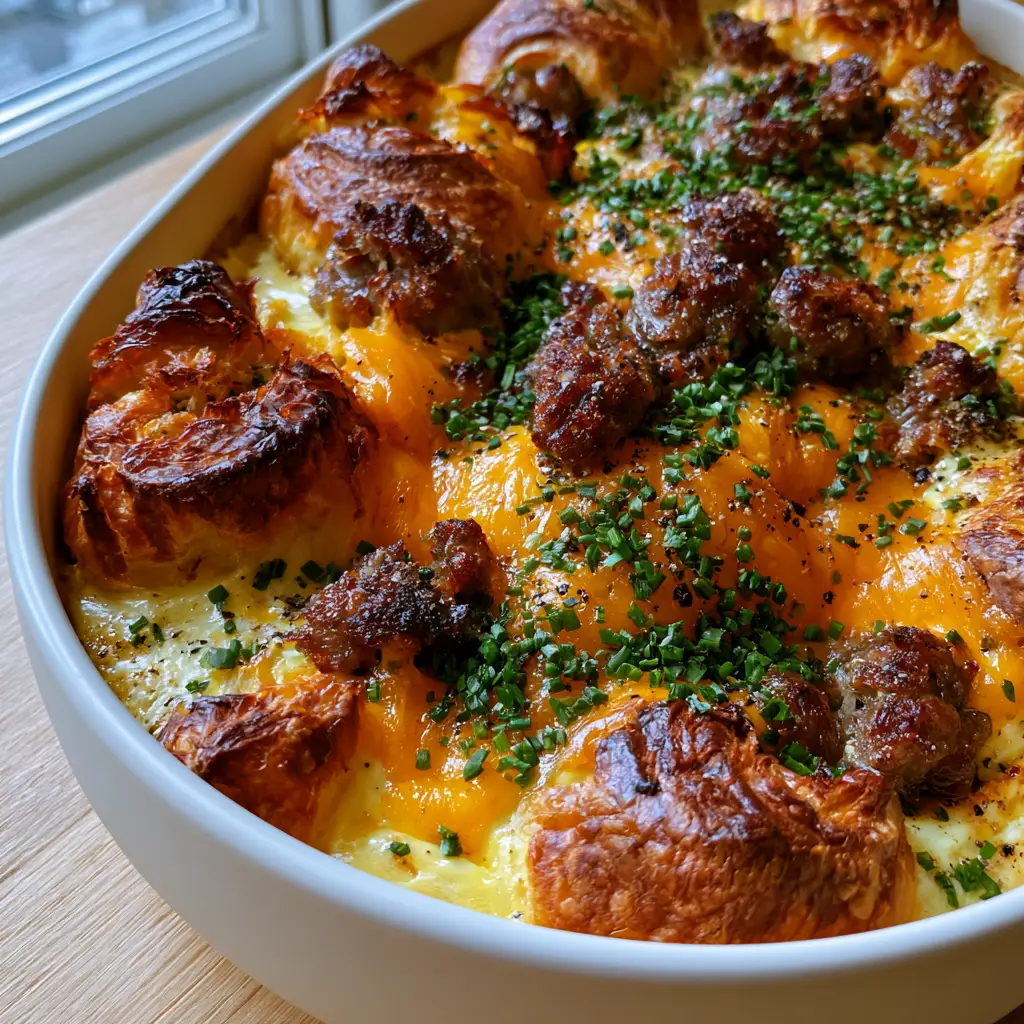 Overhead view of a croissant breakfast casserole garnished with chives and cracked black pepper.