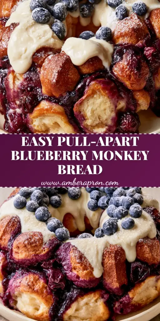 A warm Blueberry Monkey Bread ring on a cream ceramic platter, featuring golden-brown caramelized biscuit dough, deep purple berry swirls, and a thick ivory cream cheese glaze.