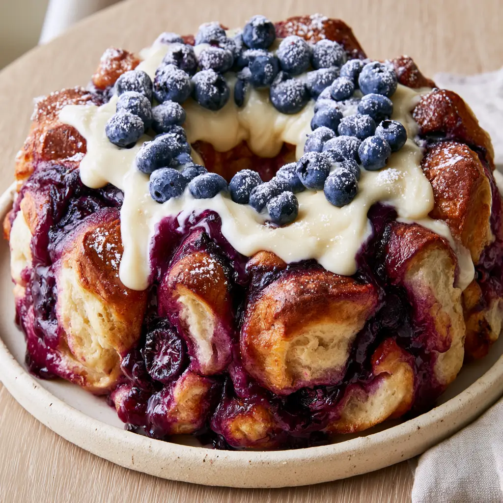 High-angle close-up of Blueberry Monkey Bread on a handcrafted cream-colored ceramic platter showing blistered blueberries and thick ivory glaze.