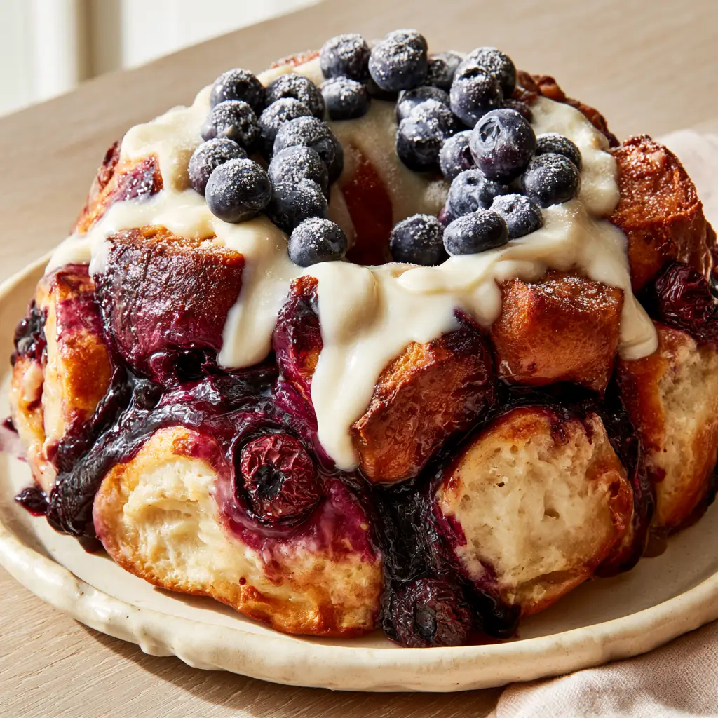 A close-up view of Blueberry Monkey Bread showing deep violet berry reduction swirled between fluffy dough pieces.