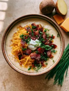 A top-down smartphone photo of velvet-textured Homemade Potato Soup in a rustic bowl with raw russet potatoes on the side.