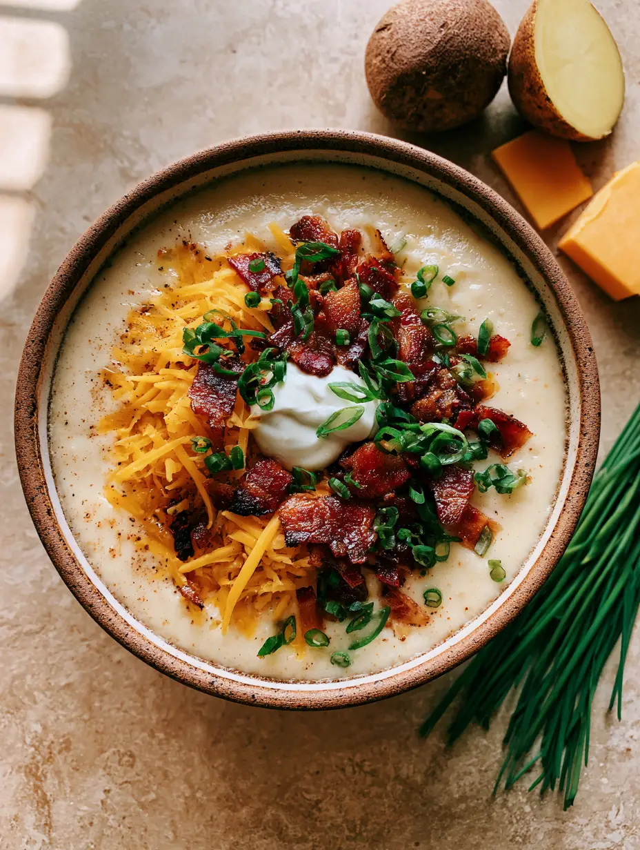 A top-down smartphone photo of velvet-textured Homemade Potato Soup in a rustic bowl with raw russet potatoes on the side.