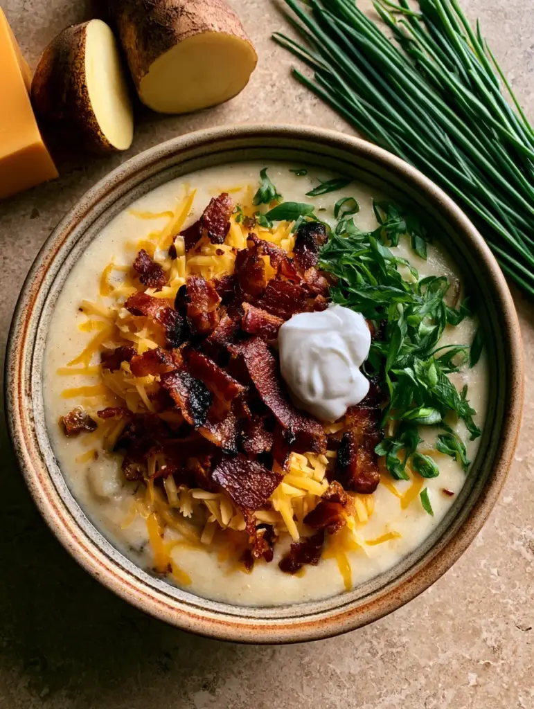 Close up of Homemade Potato Soup toppings featuring melted sharp yellow cheddar, crispy bacon, and a sour cream dollop.
